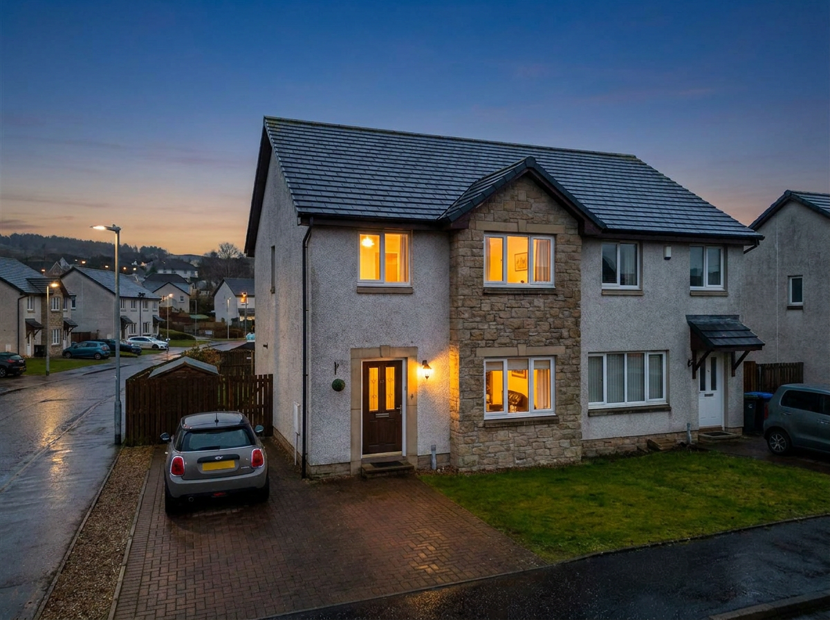 Semi-detached villa in Cumbernauld, North Lanarkshire at dusk
