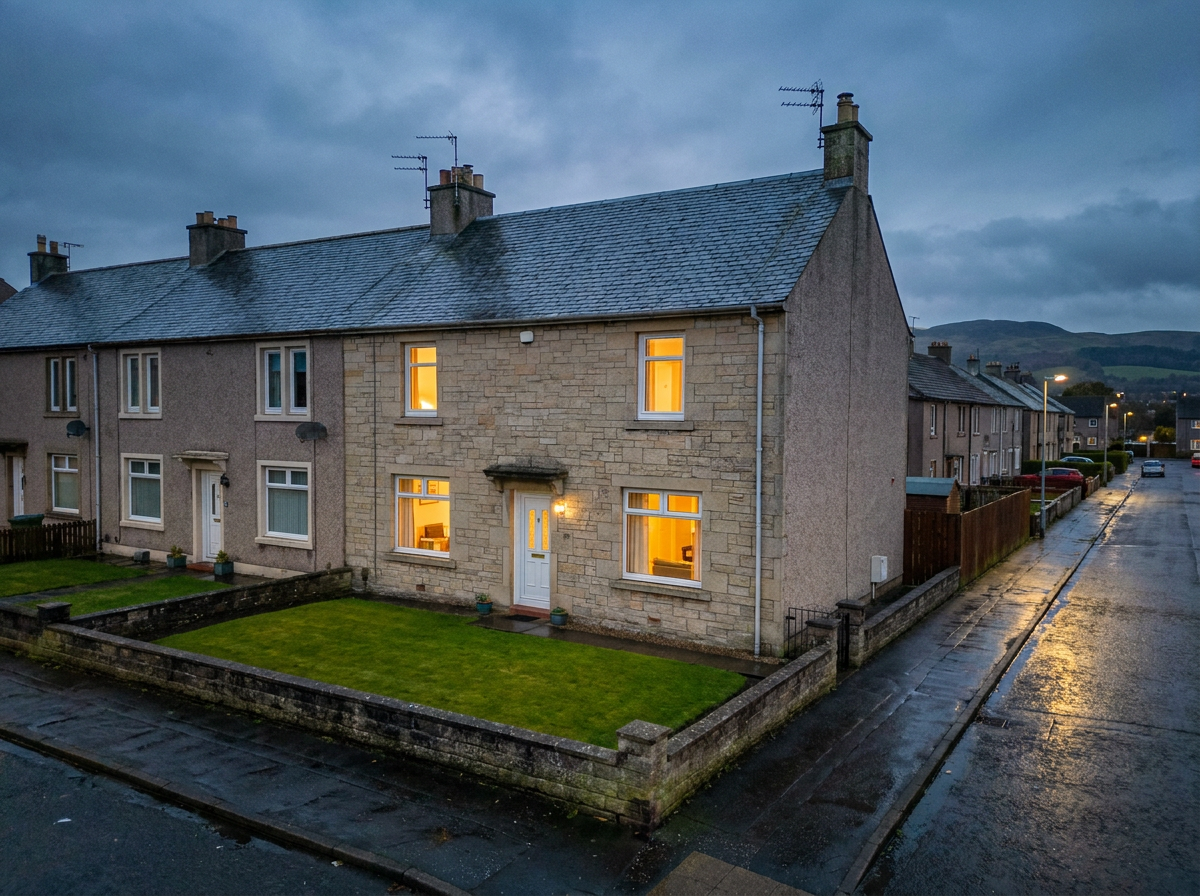 Traditional end-terrace home in Falkirk, Stirlingshire at dusk
