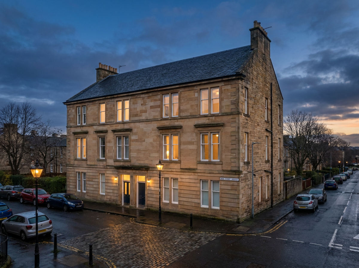 Traditional blonde sandstone flat in Paisley, Renfrewshire at dusk